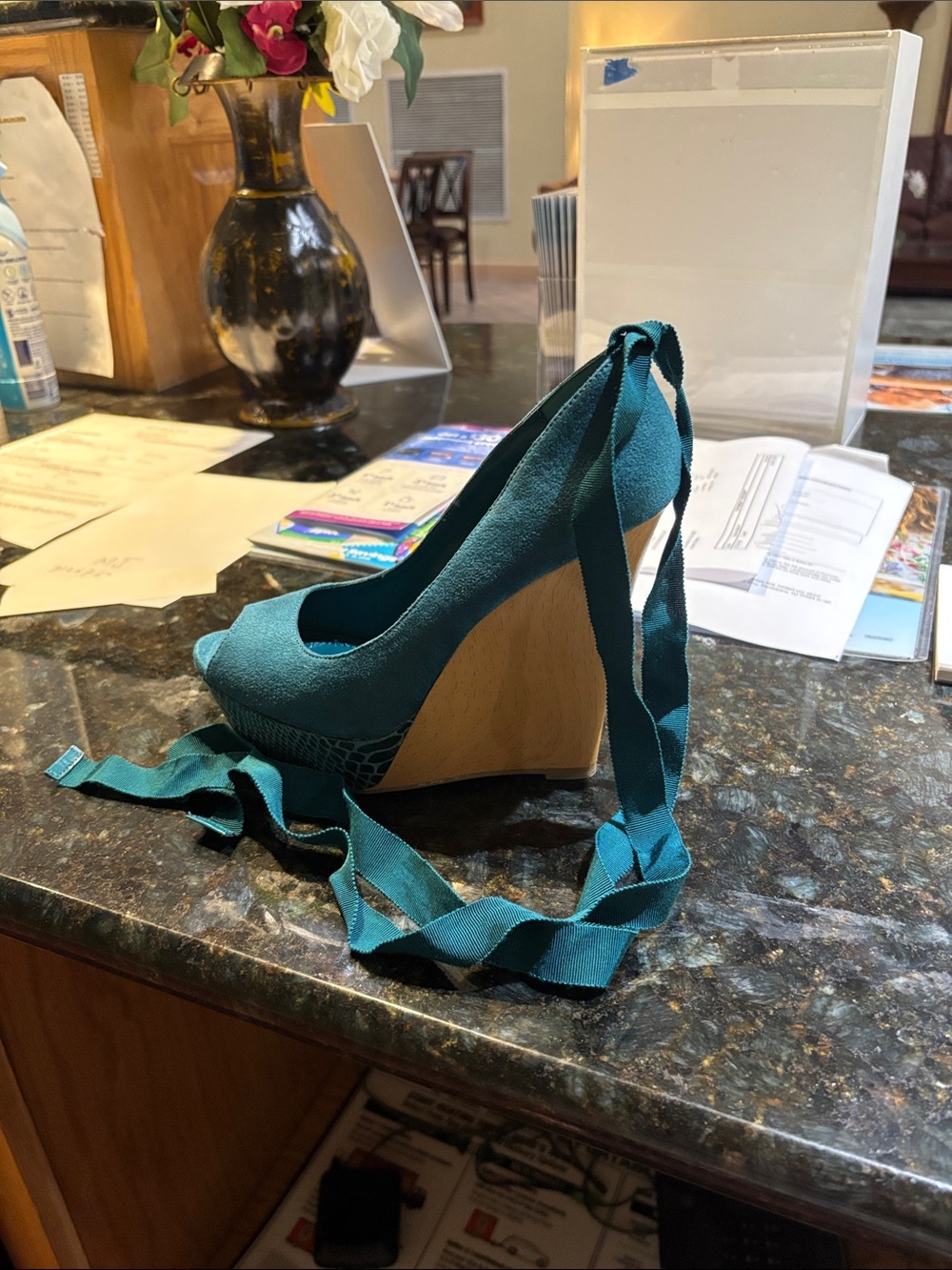 Jennifer Lopez Teal Lace-Up Peep-Toe Wedge Heels
